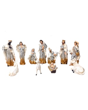 PRESÉPIO 20CM DE ALTURA C/ 11 PEÇAS TRADICIONAL ROUPA PRATA/DOURADA