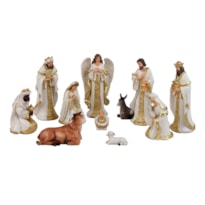 PRESÉPIO 25,5CM 11 PEÇAS PINTURA BRANCO E DOURADO SANTINI