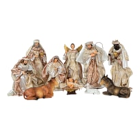 PRESÉPIO 25CM DE ALTURA C/ 10 PEÇAS ROUPA DE TECIDO BRANCO E CHAMPANHE SANTINI