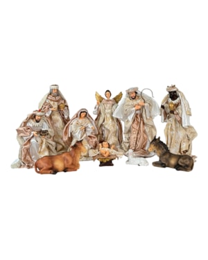 PRESÉPIO 25CM DE ALTURA C/ 10 PEÇAS ROUPA DE TECIDO BRANCO E CHAMPANHE SANTINI