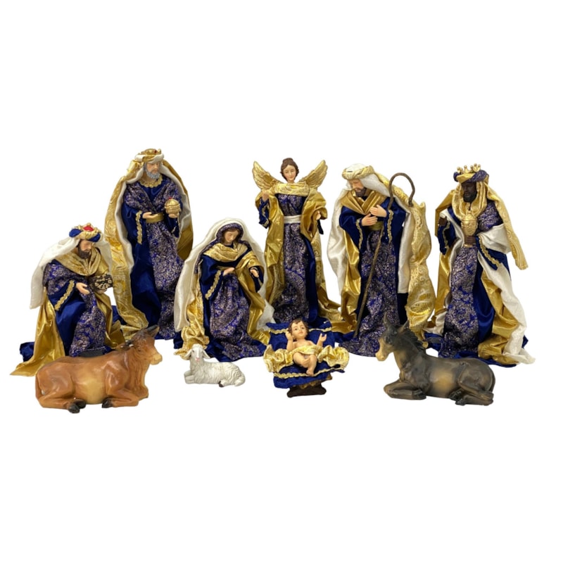 PRESÉPIO 25CM DE ALTURA C/ 11 PEÇAS ROUPA DE TECIDO AZUL E DOURADO SANTINI