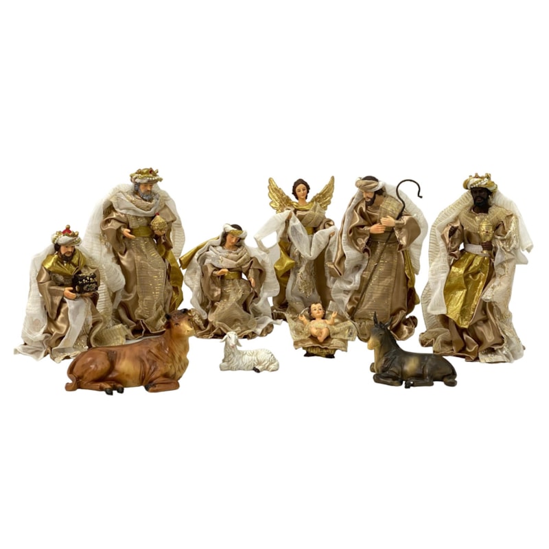 PRESÉPIO 25CM DE ALTURA C/ 11 PEÇAS ROUPA DE TECIDO MARROM E DOURADO SANTINI