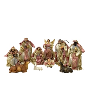 PRESÉPIO 25CM DE ALTURA C/ 11 PEÇAS ROUPA DE TECIDO ROSA E DOURADO SANTINI