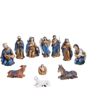 PRESÉPIO 30CM DE ALTURA C/ 11 PEÇAS PINTURA CLASSICA COM ROUPA AZUL E DETALHES DOURADO