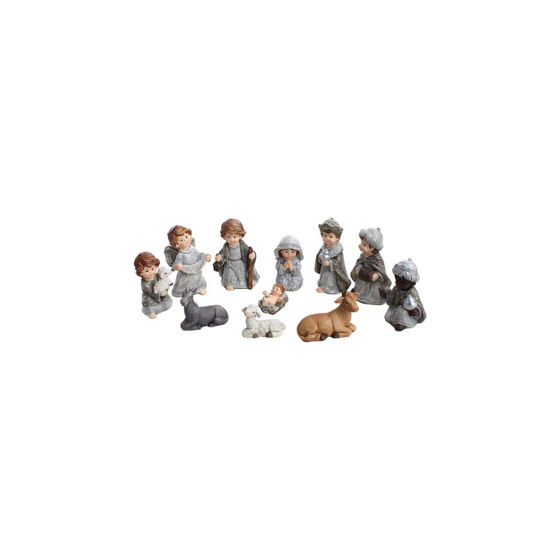 PRESÉPIO INFANTIL 8.6CM DE ALTURA C/ 11 PEÇAS PINTURA CINZA CLASSICA