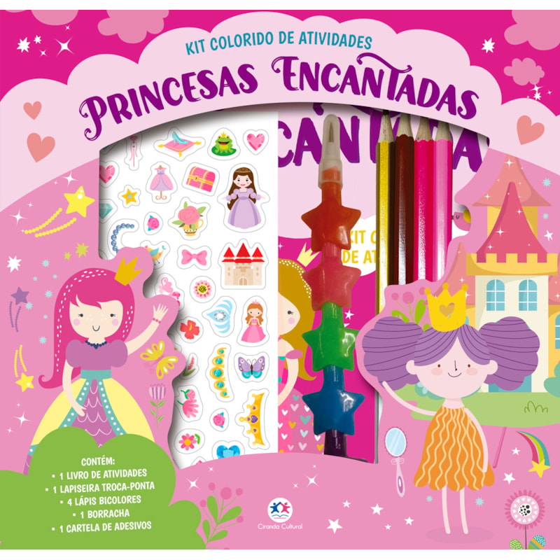 PRINCESAS ENCANTADAS - KIT LIVRO COM LAPISEIRA, LÁPIS BORRACHA E ADESIVOS