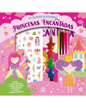PRINCESAS ENCANTADAS - KIT LIVRO COM LAPISEIRA, LÁPIS BORRACHA E ADESIVOS