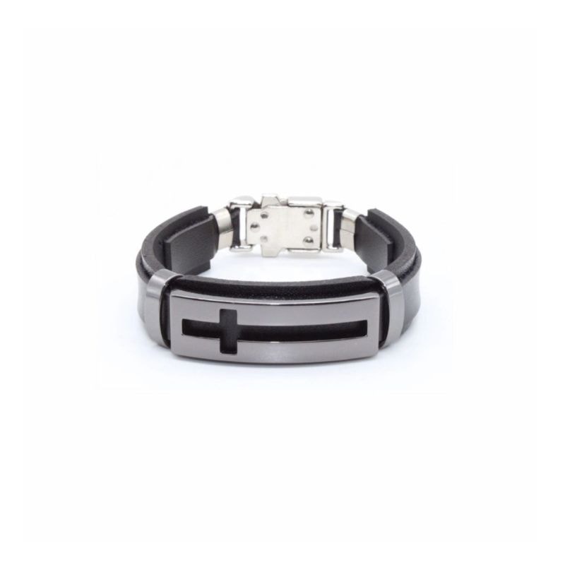 PULSEIRA COURO PRETA CRUZ VAZADA