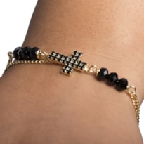 PULSEIRA DOURADA CRUZ COM STRASS PRETO