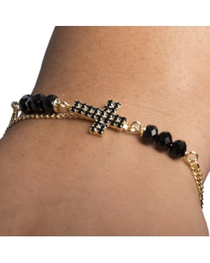PULSEIRA DOURADA CRUZ COM STRASS PRETO