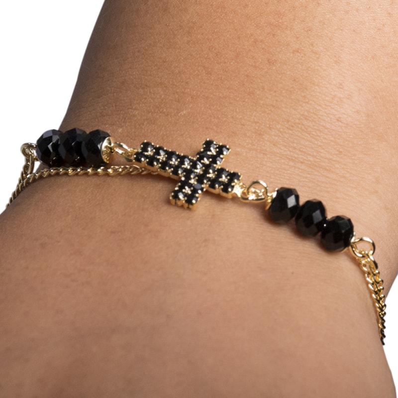 PULSEIRA DOURADA CRUZ COM STRASS PRETO