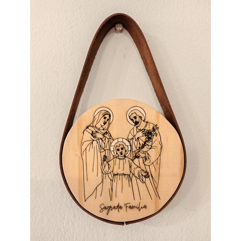 QUADRO REDONDO FAROL - SAGRADA FAMÍLIA - ALÇA COURO SINTÉTICO - 15CM