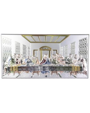 QUADRO SANTA CEIA MADEIRA PLACA PRATA OURO 22CM DE ALTURA