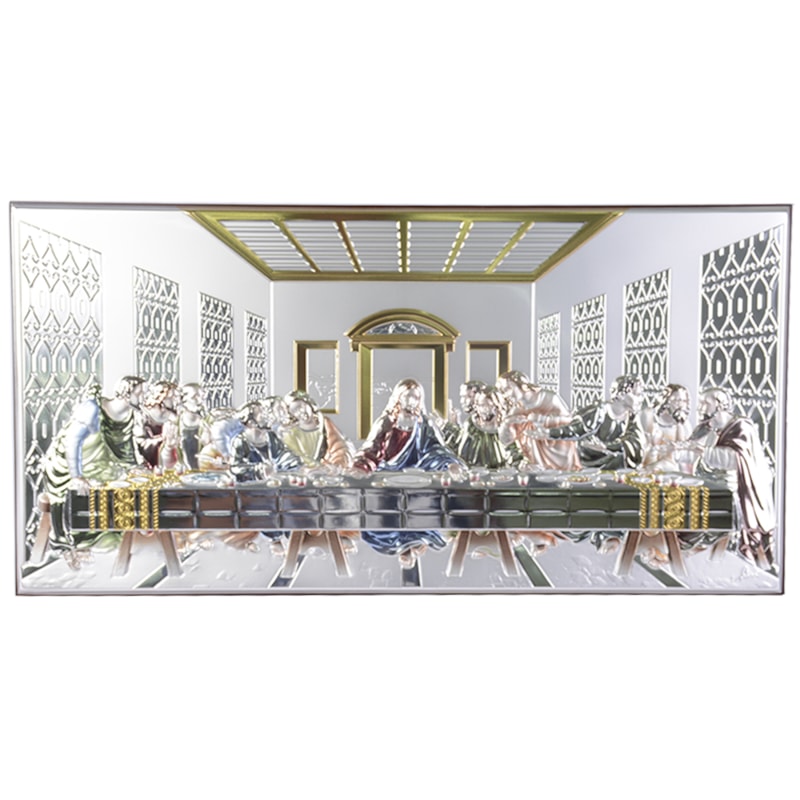 QUADRO SANTA CEIA MADEIRA PLACA PRATA OURO 22CM DE ALTURA