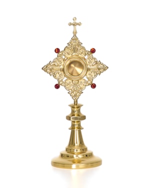 RELICÁRIO DOURADO PEDRAS ALTURA 22CM LARG. 12CM P/ RELÍQUIA DE ATÉ 4CM