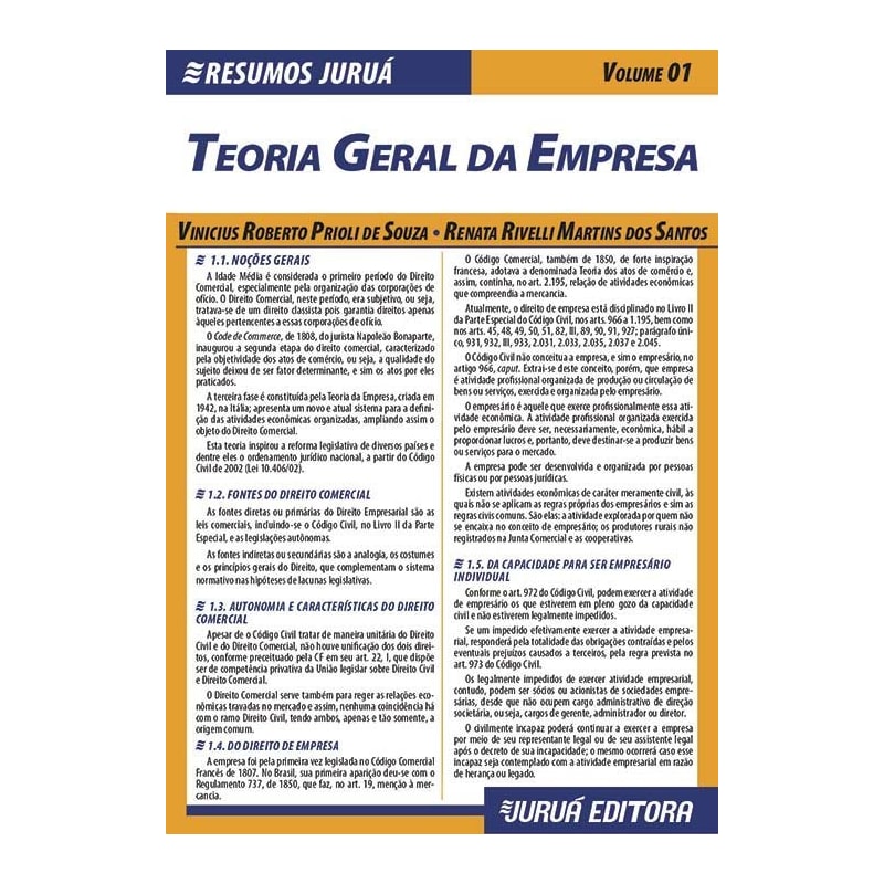 RESUMOS JURUÁ - DIREITO - TEORIA GERAL DA EMPRESA - VOLUME 01