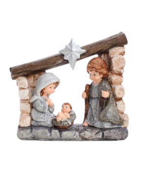 SAGRADA FAMÍLIA INFANTIL CINZA COM CABANA 15CM DE ALTURA