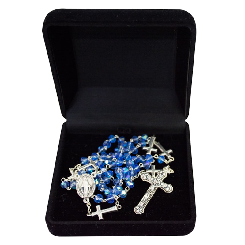 TERÇO CRISTAL AZUL TURQUESA 6MM NOSSA SENHORA DAS GRAÇAS