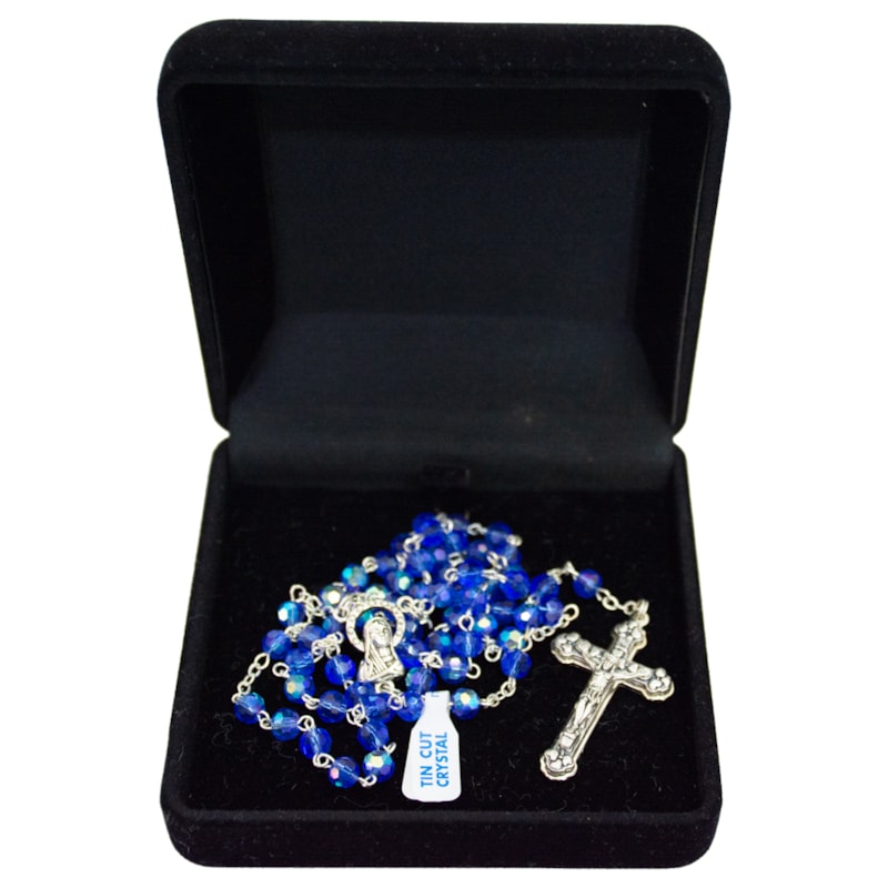 TERÇO CRISTAL MADONA 6MM AZUL