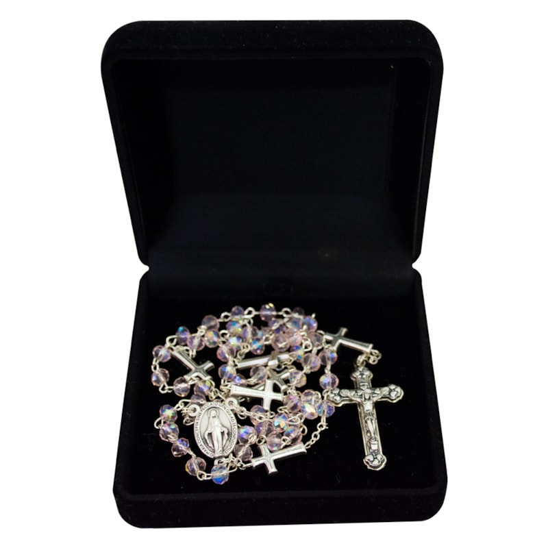 TERÇO CRISTAL ROSA 6MM NOSSA SENHORA DAS GRAÇAS