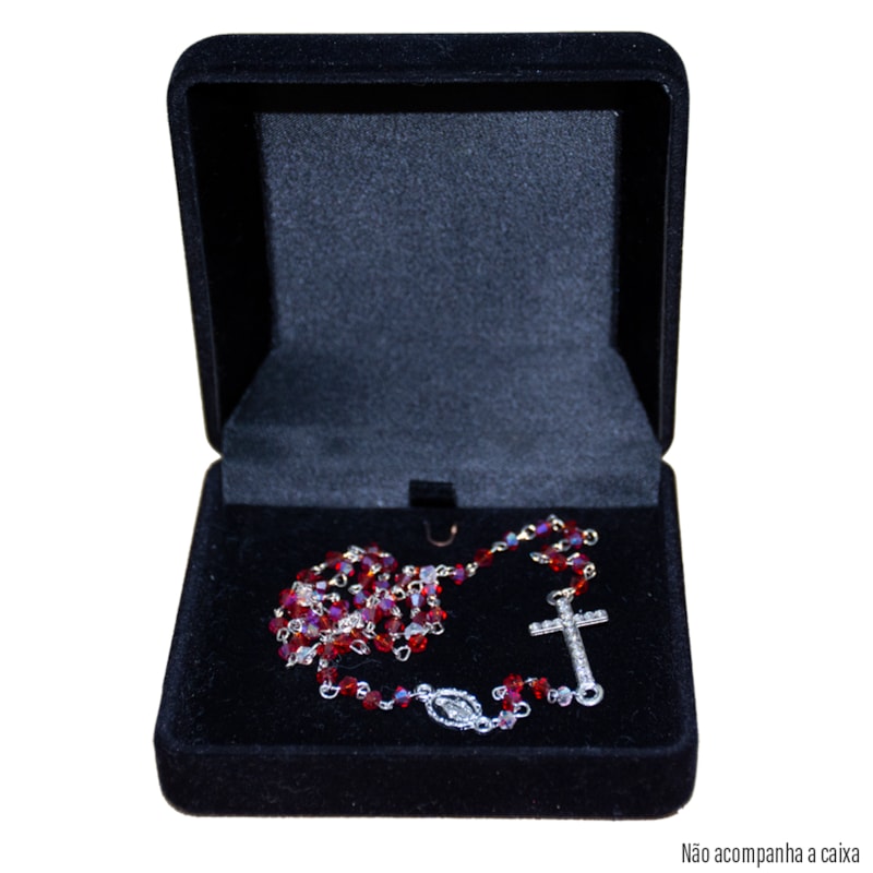 TERÇO CRISTAL VERMELHO C/STRASS DE PESCOÇO NOSSA SENHORA DAS GRAÇAS 4MM
