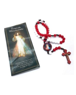 TERÇO DA MISERICORDIA 8MM LISO BRANCO/VERM CORDÃO C/FOLHETO