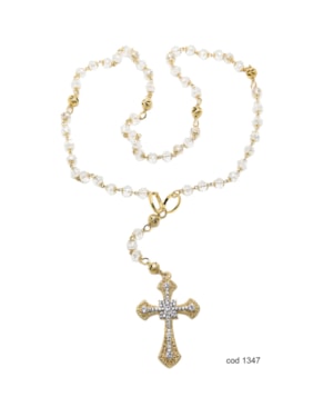 TERÇO DE NOIVA CRISTAL COM TULIPA DOURADO 10MM