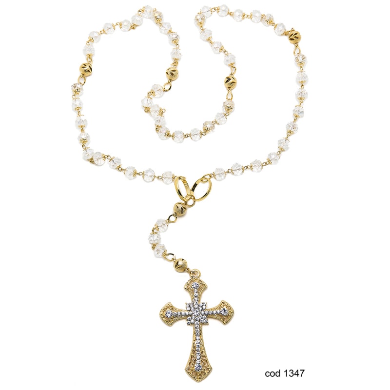 TERÇO DE NOIVA CRISTAL COM TULIPA DOURADO  10MM
