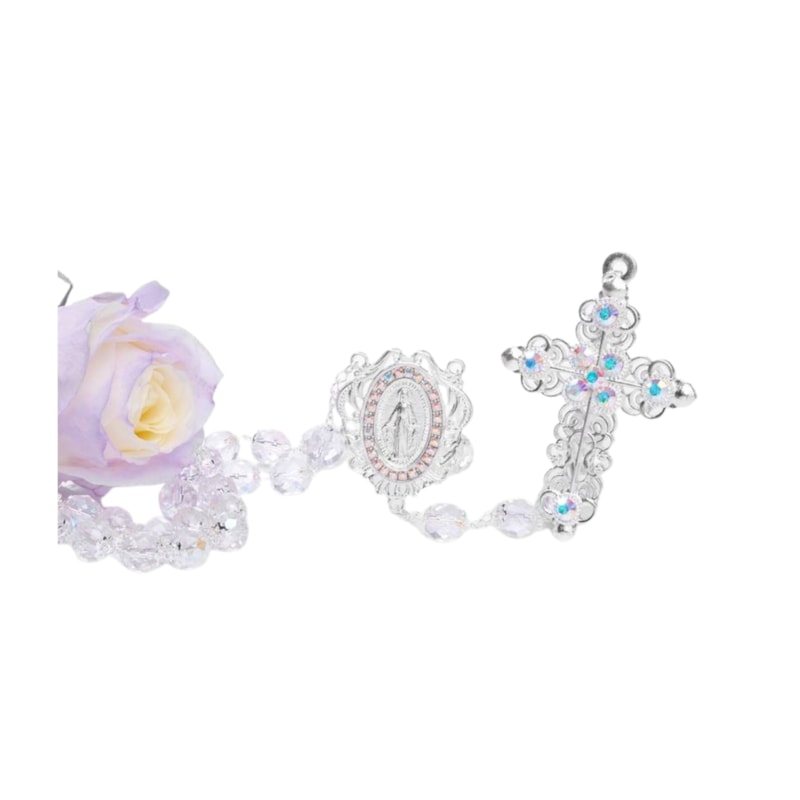 TERÇO DE NOIVA CRISTAL IRISADO PRATA STRASS
