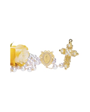 TERÇO DE NOIVA PÉROLA STRASS DOURADO