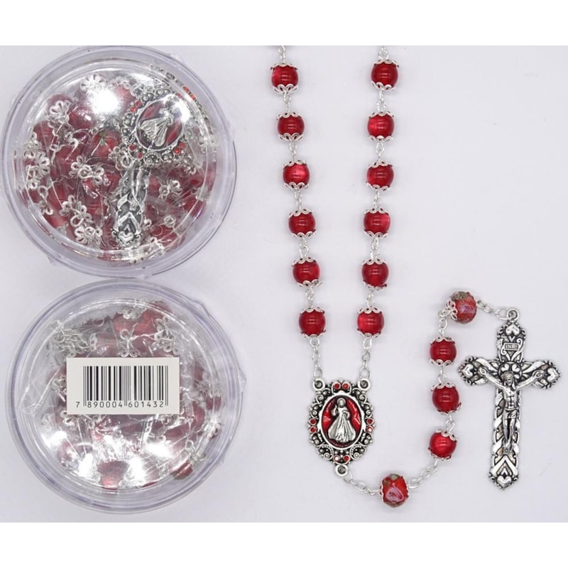 TERÇO ITALIANO ENTREMEIO JESUS MISERICORDIOSO OLHO DE GATO VERMELHO 8MM