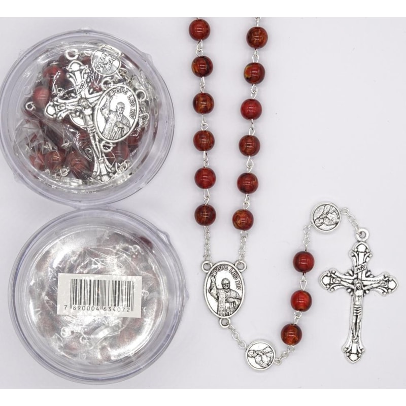 TERÇO ITALIANO ENTREMEIO PAPA LEÃO PEROLA MARROM MARMORIZADO 6MM