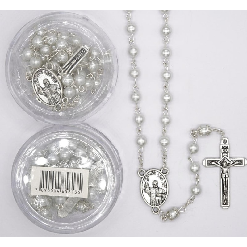 TERÇO ITALIANO ENTREMEIO PAPA LEÃO/ SANTO AGOSSTINHO PEROLA BRANCA 6MM