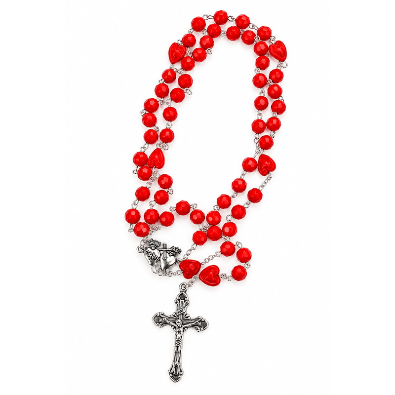 TERÇO ITALIANO SAGRADO CORAÇÃO DE JESUS 8MM VERMELHO CAIXA ACRILICO