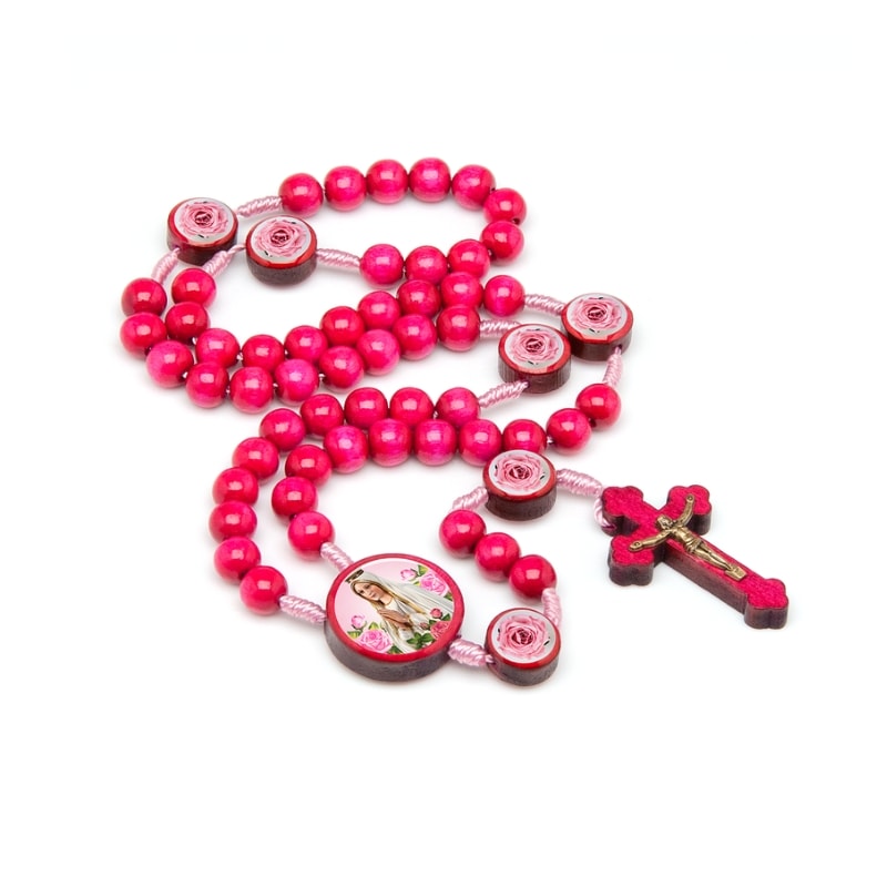 TERÇO NOSSA SRA DE FÁTIMA MADEIRA ROSA 8MM