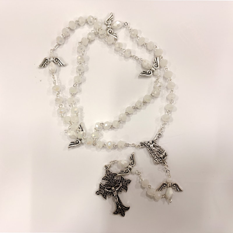 TERÇO PORTUGUES ANJO DA GUARDA CRITAL BRANCO 4MM