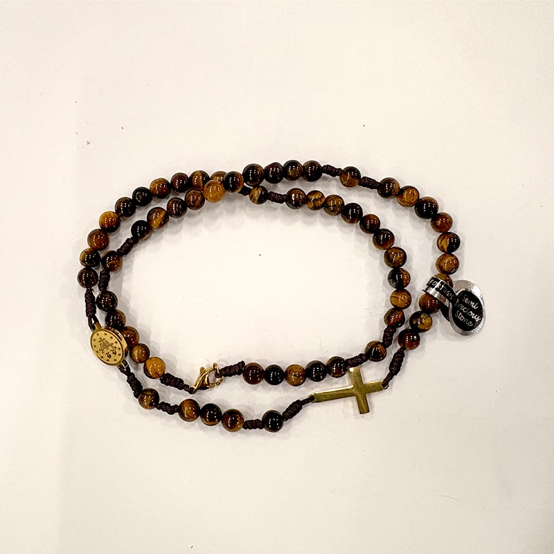TERÇO PORTUGUES DE PESCOÇO NOSSA SENHORA DAS GRAÇAS OLHO TIGRE 6MM