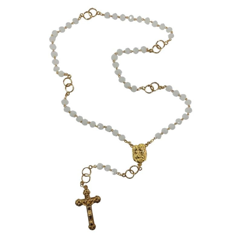 TERÇO PORTUGUES MATRIMONIO CRISTAL BRANCO / DOURADO 8,5MM