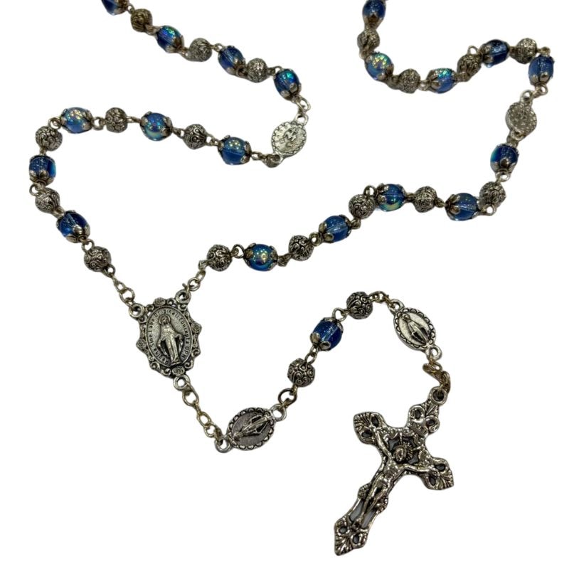 TERÇO PORTUGUES MEDALHA MILAGROSA CRISTAL AZUL CELESTE 6MM