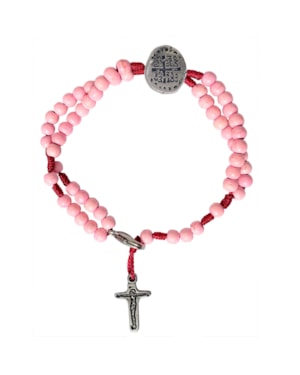 TERÇO PULSEIRA INFANTIL MEDALHA DAS DUAS CRUZES - PEDRA CERÂMICA ROSA