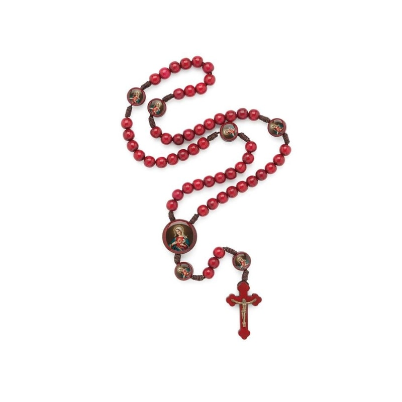 TERÇO SAGRADO CORAÇÃO MADEIRA VERMELHO 8MM