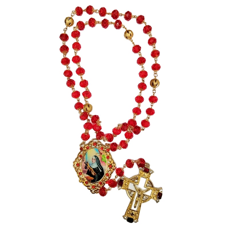TERÇO SANTA RITA CRISTAL 10MM - ENTREMEIO COM STRASS E CRUZ COM STRASS - FOLHEADO A OURO 18K