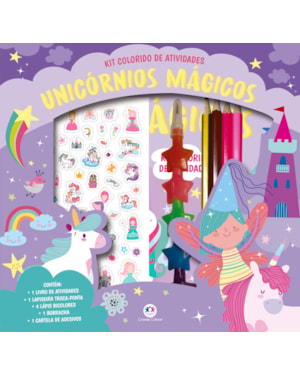 UNICÓRNIOS MÁGICOS - KIT LIVRO COM LAPISEIRA, LÁPIS BORRACHA E ADESIVOS