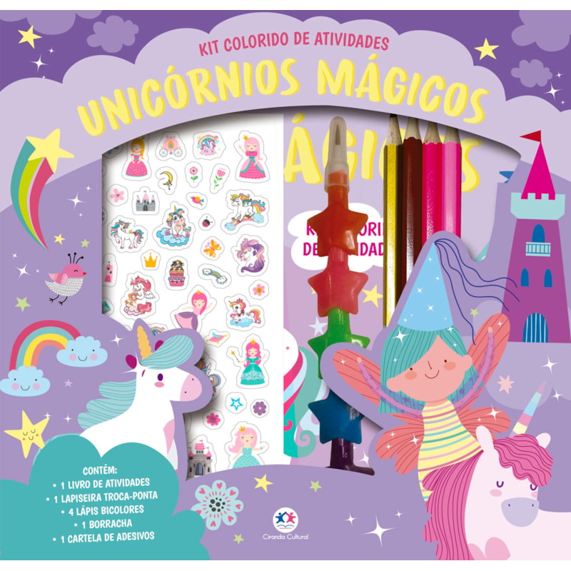 UNICÓRNIOS MÁGICOS - KIT LIVRO COM LAPISEIRA, LÁPIS BORRACHA E ADESIVOS