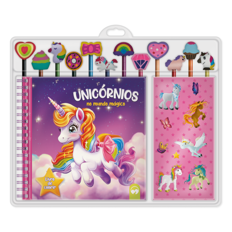 UNICÓRNIOS NO MUNDO MÁGICO: ESCOLAR LIVRO DE COLORIR COM 12 LÁPIS E 12 BORRACHAS TEMÁTICAS