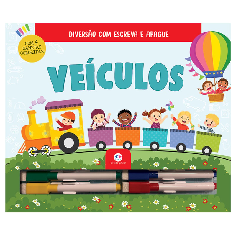 VEÍCULOS - COM CANETAS COLORIDAS PARA ESCREVER A APAGAR