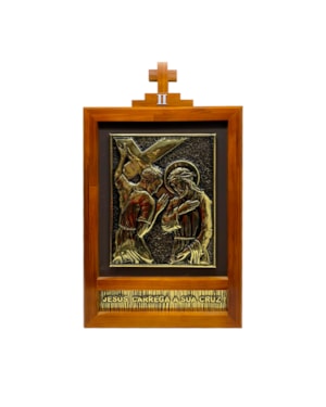 VIA SACRA COM CRUZ 15 ESTAÇÕES 75X45 MADEIRA COM APLIQUE DOURADO